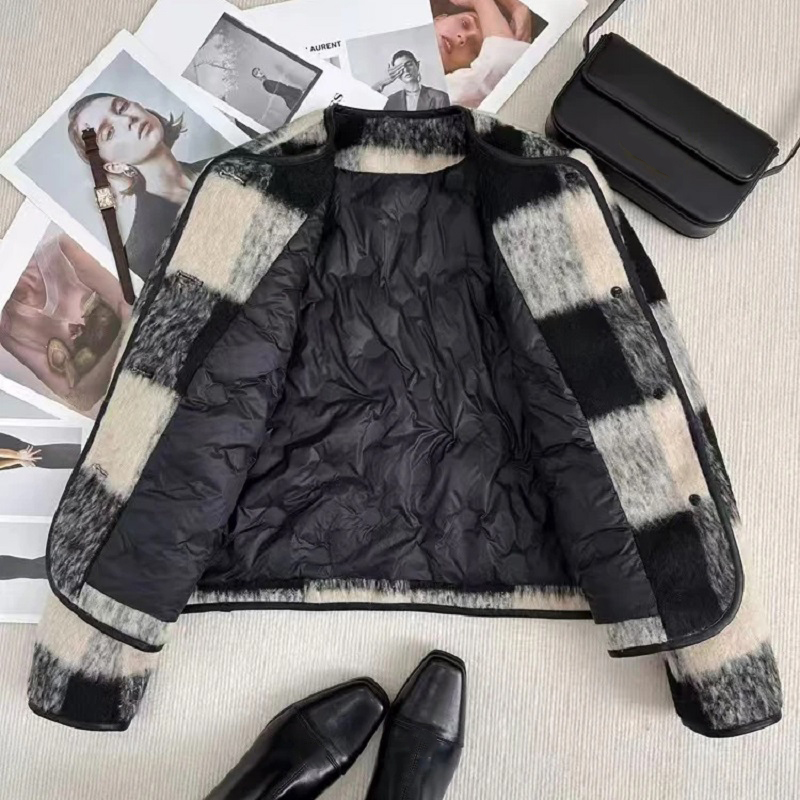 Women'S Fashion Quilted Jacket - Модное клетчатое толстое короткое стеганое шерстяное