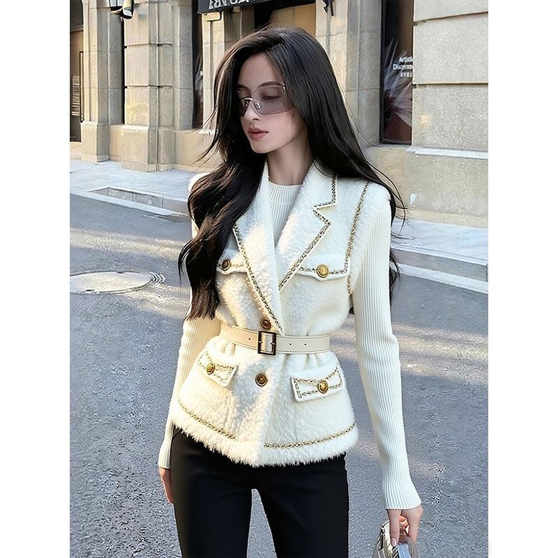 Women Fashion Jackets - Новый французский элегантный жилет с поясом,