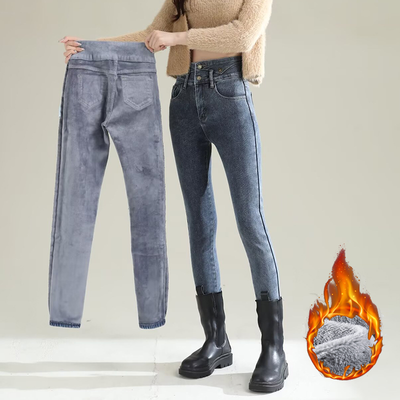 Women Fashion Jeans - Зимние женские шикарные плюшевые термопрямые джинсы